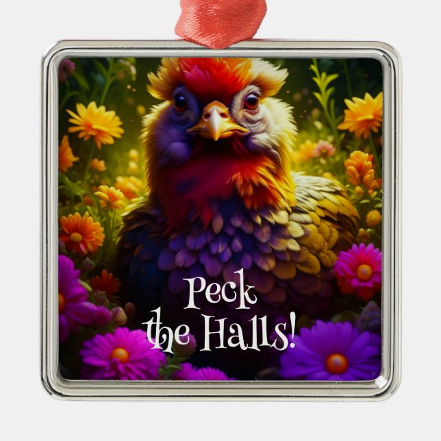 Ornamento De Metal Peck the Halls Chicken Pun | Hen de Natal (Frente)
