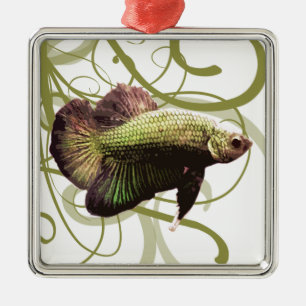 Ornamento De Metal Peixe Combatente Tailandês Betta Meia-lua Dourado