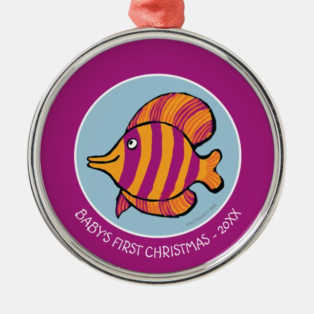 Ornamento De Metal Peixes tropicais alaranjados e roxos com cavalos (Frente)