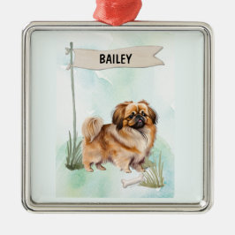 Ornamento De Metal Pekinese Watercolor Personalized Dog