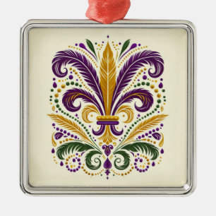 Ornamento De Metal Penas de flor de lis amarelas, verdes e roxas