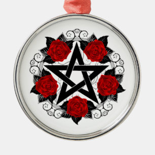 Ornamento De Metal Pentagrama com Rosas vermelhas