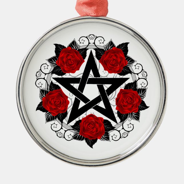 Ornamento De Metal Pentagrama com Rosas vermelhas (Frente)