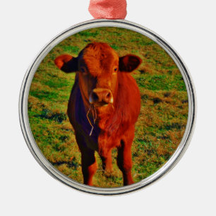 Ornamento De Metal Pequena Vaca Castanha Verde Brilhante