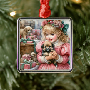 Ornamento De Metal Pequena Vintage Girl a rosa com o Natal dos Puppie