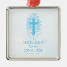 Ornamento De Metal Personalize, Cruz da Primeira Comunhão Azul Hóstia