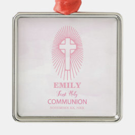 Ornamento De Metal Personalize, Cruz da Primeira Comunhão Rosa
