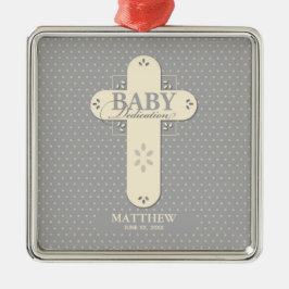 Ornamento De Metal Personalize, Dedicação de Bebê Creme e Cruz Cinza