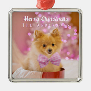 Ornamento De Metal Personalize Feliz Natal & Nome, Cachorro/Árvore Fo