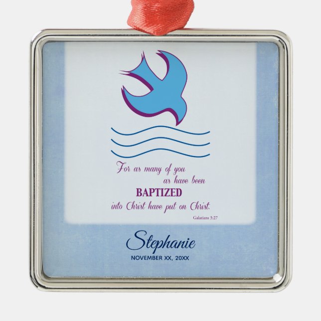 Ornamento De Metal Personalize, pomba do batismo adulto em azul (Frente)