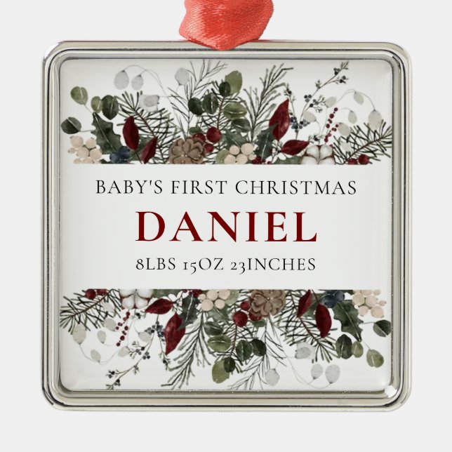 Ornamento De Metal Personalized Baby's 1st Christmas Winter Floral  (Frente)