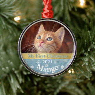 Ornamento De Metal Personalized Kitten's First Christmas Photo Metal