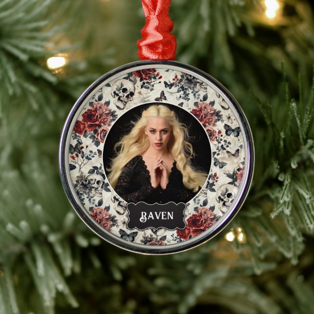 Ornamento De Metal Personalized Photo Gothic Rose and Skull Christmas (Árvore)