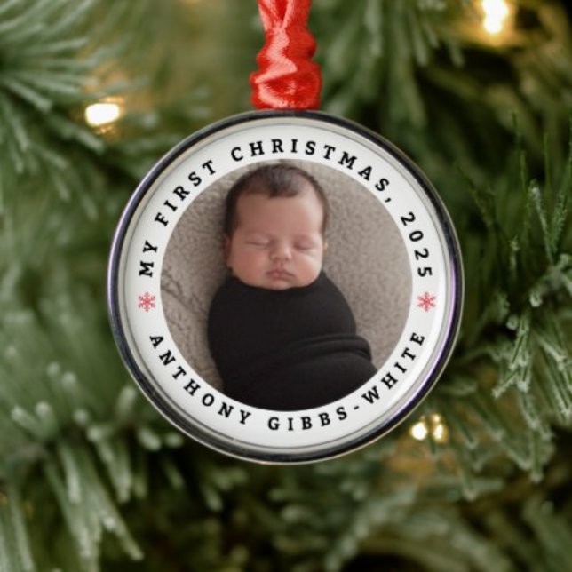 Ornamento De Metal Personalized Photo &Name First Christmas Ornament  (Celebrate her first Christmas with a clean, modern ornament personalized with name & photo. 🎄✨)