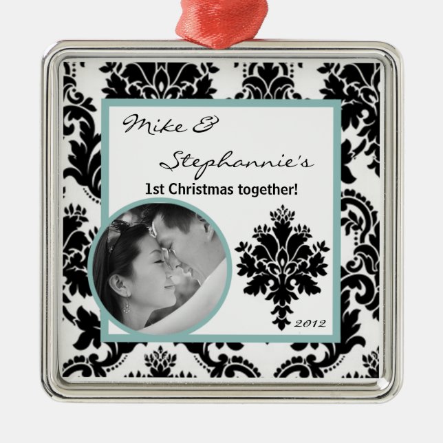 Ornamento De Metal Personalized Photo Ornament Black Damask (Frente)
