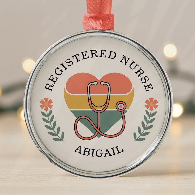 Ornamento De Metal Personalized Registered Nurse Retro Heart (Criador carregado)