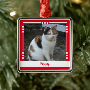 Ornamento De Metal Pet Cat name Photo Holiday red White