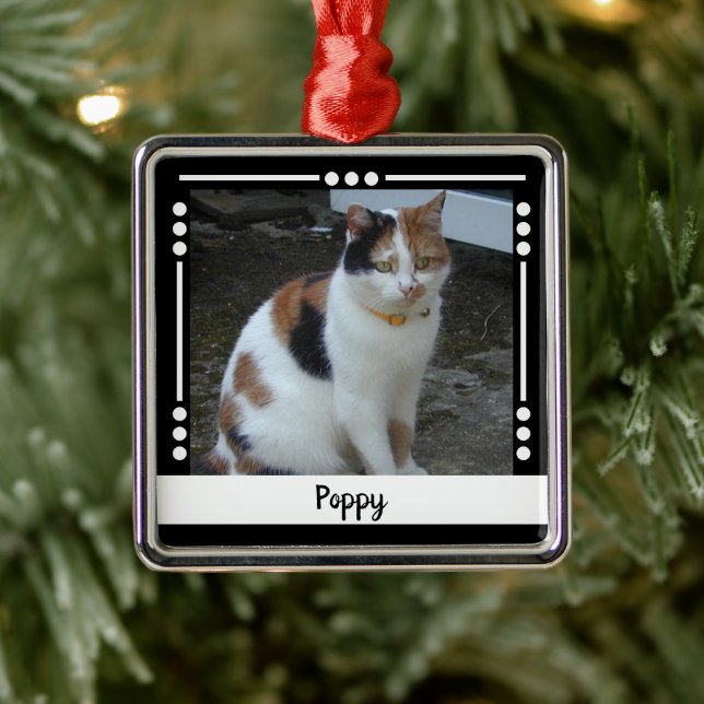 Ornamento De Metal Pet Cat name Photo Holiday White (Árvore)