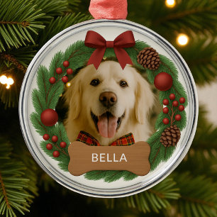 Ornamento De Metal Pet Dog Photo Name Holiday Christmas Wreath