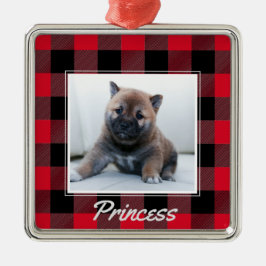 Ornamento De Metal Pet Personalizada de Cão de Xadrez Vermelha-Cachor