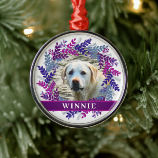 Ornamento De Metal Pet Personalizado Foto de Natal Purple Wreath