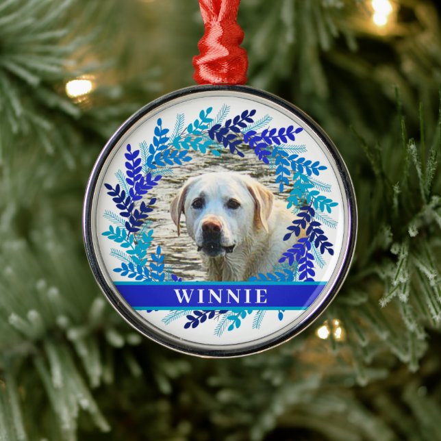 Ornamento De Metal Pet Personalizado Photo Christmas Blue Wreath (Árvore)