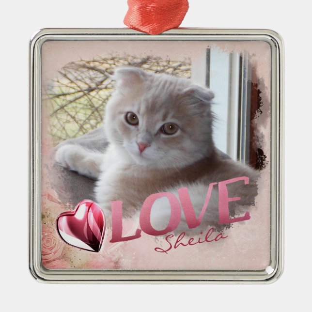Ornamento De Metal Pet Photo Keepsasaset, Love & Heart, Rosa - Quadra (Frente)