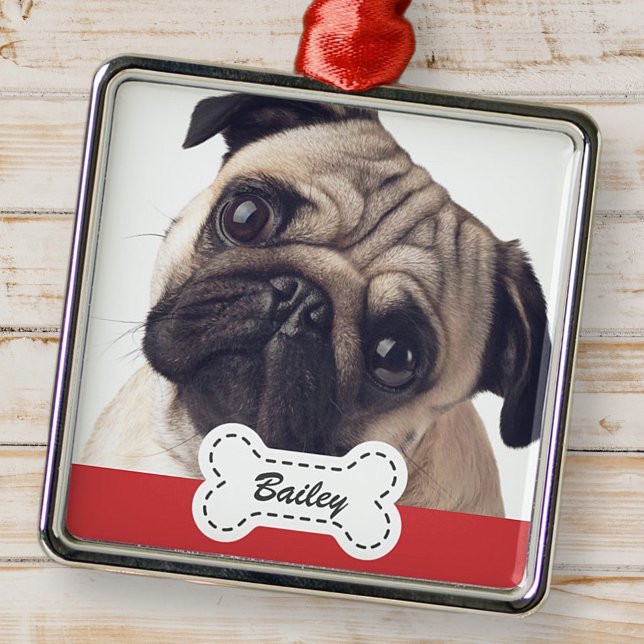 Ornamento De Metal Pet Photos on Cute Dog Bone Add Name (Criador carregado)