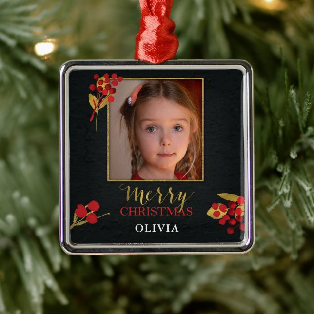 Ornamento De Metal Photo Customizable Christmas Card, Black Gold Red (Árvore)