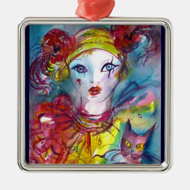 Ornamento De Metal PIERROT WITH CAT / Venetian Mascarada Máscaras (Frente)