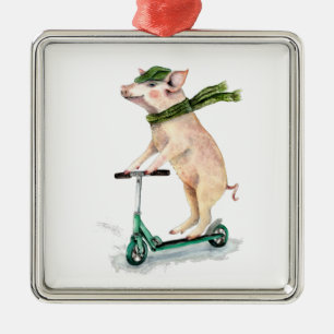 Ornamento De Metal Piggy em um patinete