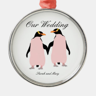 Ornamento De Metal Pinguins Lésbicas orgulho gay com Mãos