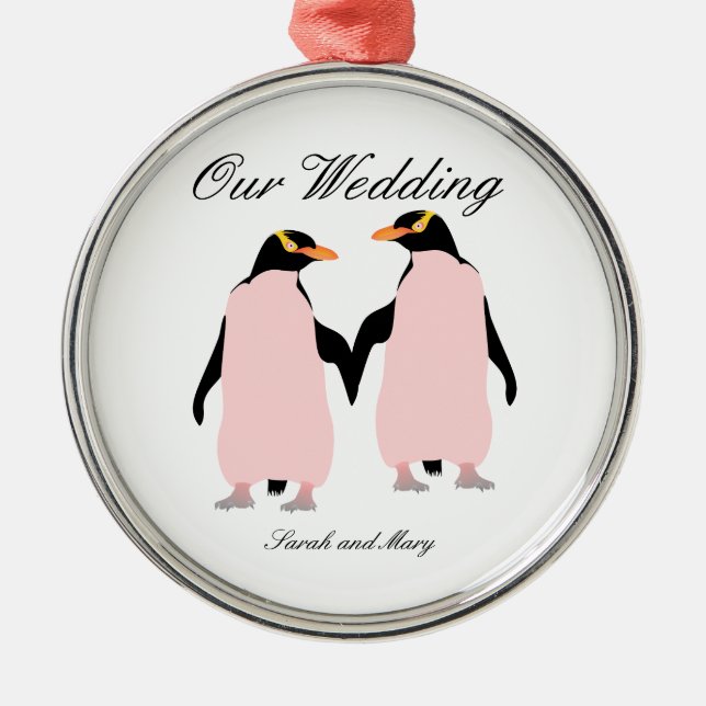 Ornamento De Metal Pinguins Lésbicas orgulho gay com Mãos (Frente)