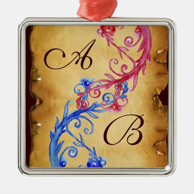 ORNAMENTO DE METAL PINK BLUE FLORAL SWIRLS COM MONOGRAMA SOUVENIR (Frente)