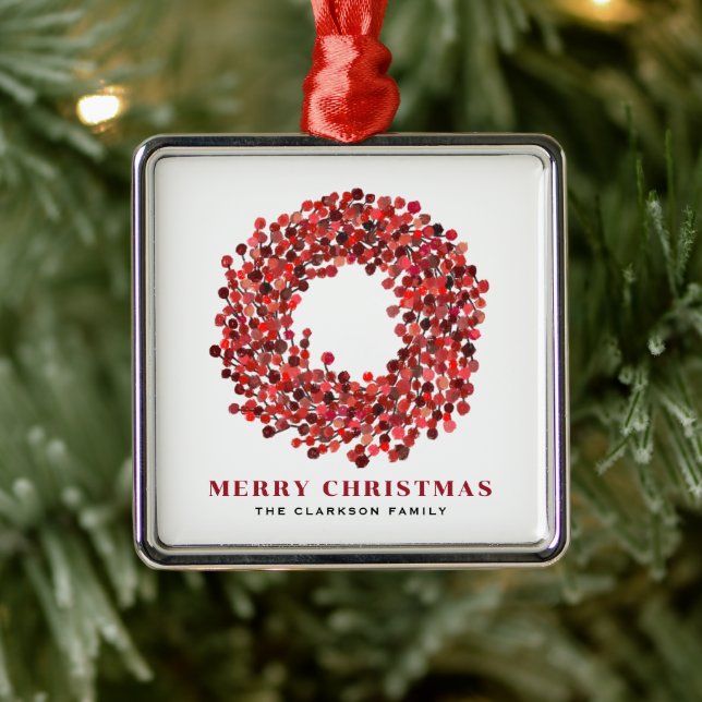 Ornamento De Metal Pintado Mão Vermelho Winterberry Wreath no Natal (Árvore)