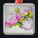 Ornamento De Metal Pintor branco-rosa-esbelto-esbranquiçado<br><div class="desc">Esta pintura floral romântica de cor rosa e peônia branca dá-vos um sentimento de elegância clássica ao estilo do mundo antigo! Uma bela pintura de aquarela original de H Cooper. A imagem é personalizável e transferível para a década de 100 de produtos!</div>