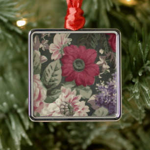 Ornamento De Metal Pintura de flores vintage vermelho rosa azul branc
