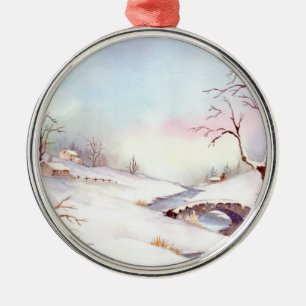 Ornamento De Metal Pintura de Paisagem de Aquarela da Ponte Snowy
