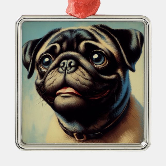 Ornamento De Metal Pintura de Pug Retro (Frente)