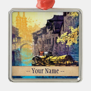 Ornamento De Metal Pintura do por do sol do rio do cenário de Chou