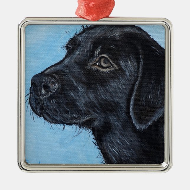 Ornamento De Metal Pintura do Puppy Labrador Preto (Frente)