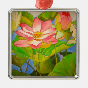 Ornamento De Metal Pintura em aquarela de nenúfar rosa de lótus