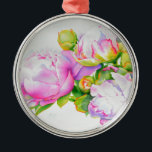 Ornamento De Metal Pintura em aquarela floral branca cor-de-rosa eleg<br><div class="desc">Esta pintura floral romântica e antiquada de peônia branca e rosa lhe dá uma sensação de elegância clássica ao estilo do velho mundo!
Uma bela pintura original em aquarela de H Cooper. A imagem é personalizável e transferível para centenas de produtos!</div>
