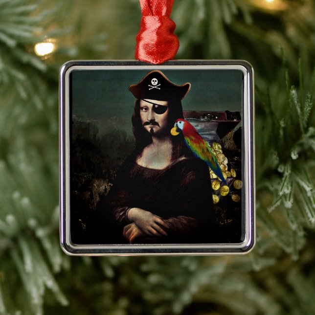 Ornamento De Metal Pirate Mona Lisa with Eye Patch (Árvore)