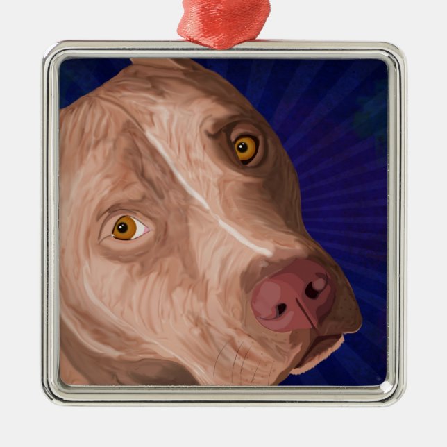 Ornamento De Metal Pitbull vermelho do nariz com um fundo azul (Frente)
