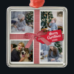 Ornamento De Metal Plaid Ribbon and Bow 4 Photo Collage Christmas<br><div class="desc">Modern 4 photo collage in the design of a Christmas present wrapped in a plaid bow with tag art to personalise with Christmas year.</div>