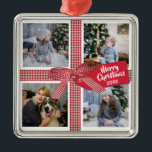 Ornamento De Metal Plaid Ribbon and Bow 4 Photo Collage Christmas<br><div class="desc">Modern 4 photo collage in the design of a Christmas present wrapped in a plaid bow with tag art to personalise with Christmas year.</div>