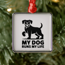 Ornamento De Metal Playful Dog Outline "My Dog Runs My Life" Art