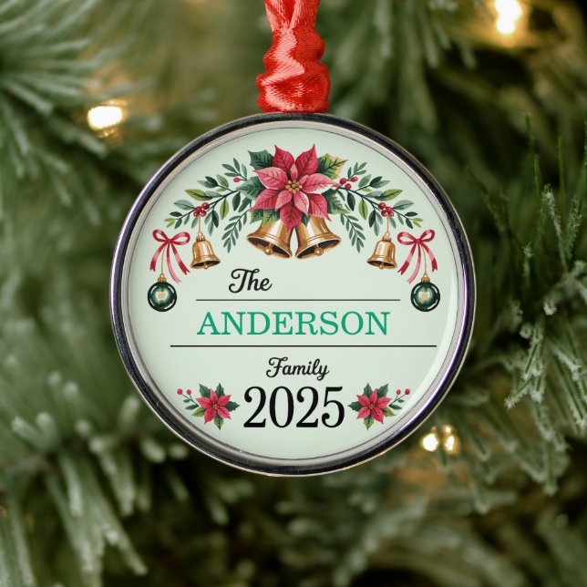 Ornamento De Metal Poinsettia Wreath Bells Family Name 2025 Christmas (Árvore)