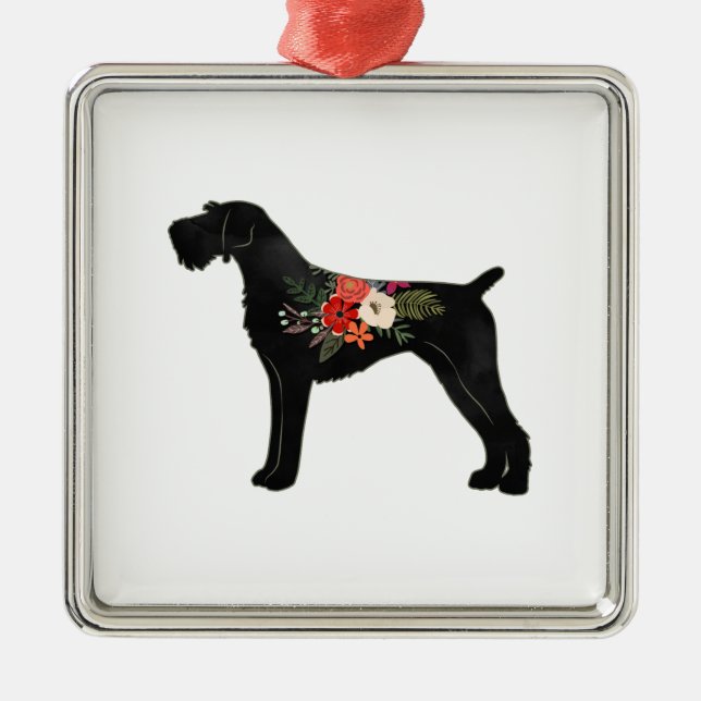 Ornamento De Metal Pointer Boho Floral Silhouette alemão Wirehaired (Frente)